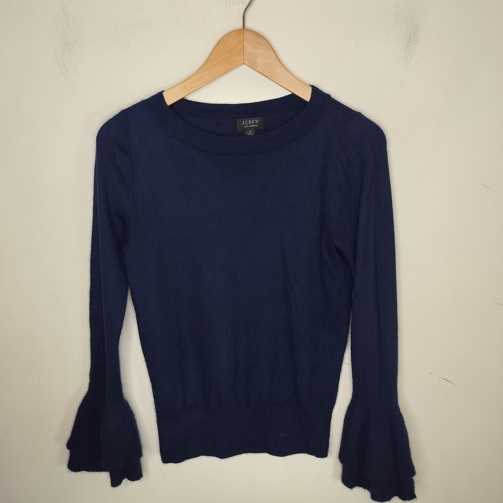 J. Crew Cashmere Sweater Ruffle Flare Cuff Long Sleeve Navy